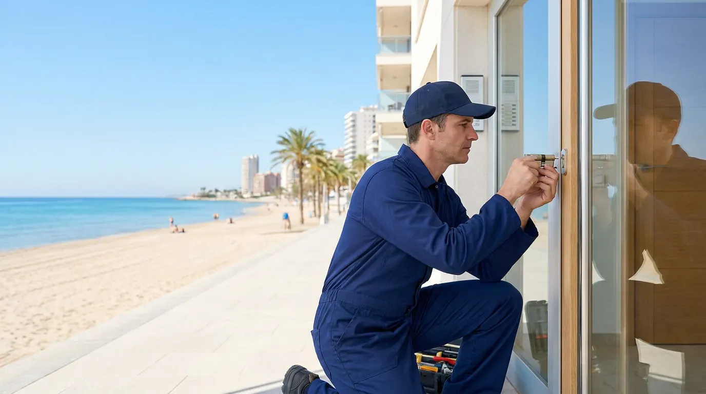 Cerrajero revisando la cerradura del portal de un edificio de apartamentos frente al mar en la Playa de San Juan